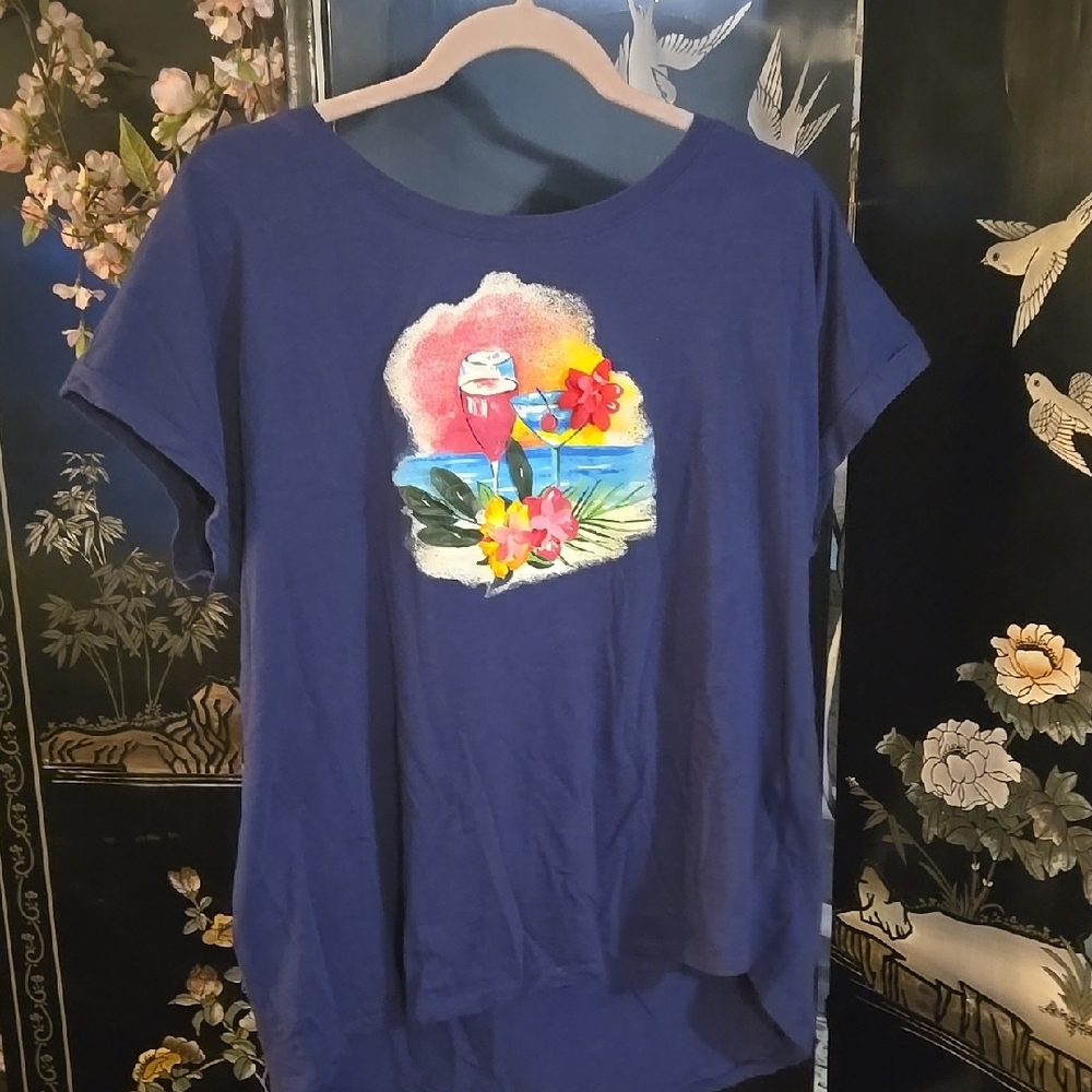 Blue Graphic Tee with Tropical Design